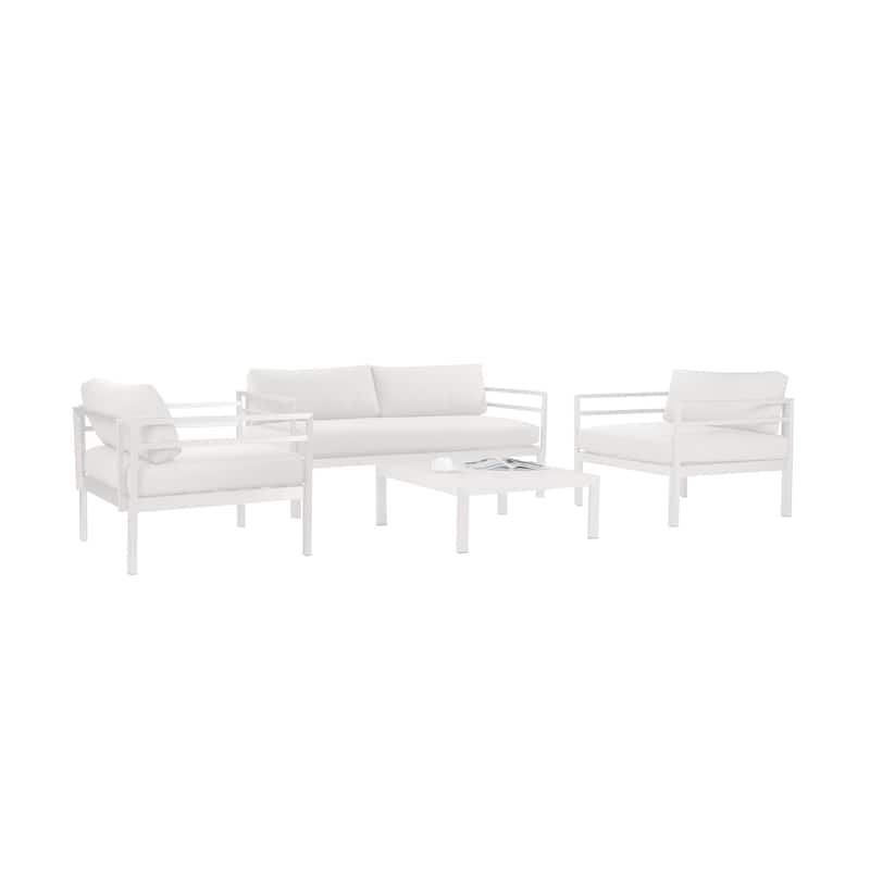 Billy 4 Piece Outdoor Sofa Set, Classic White Aluminum, Fabric Cushions
