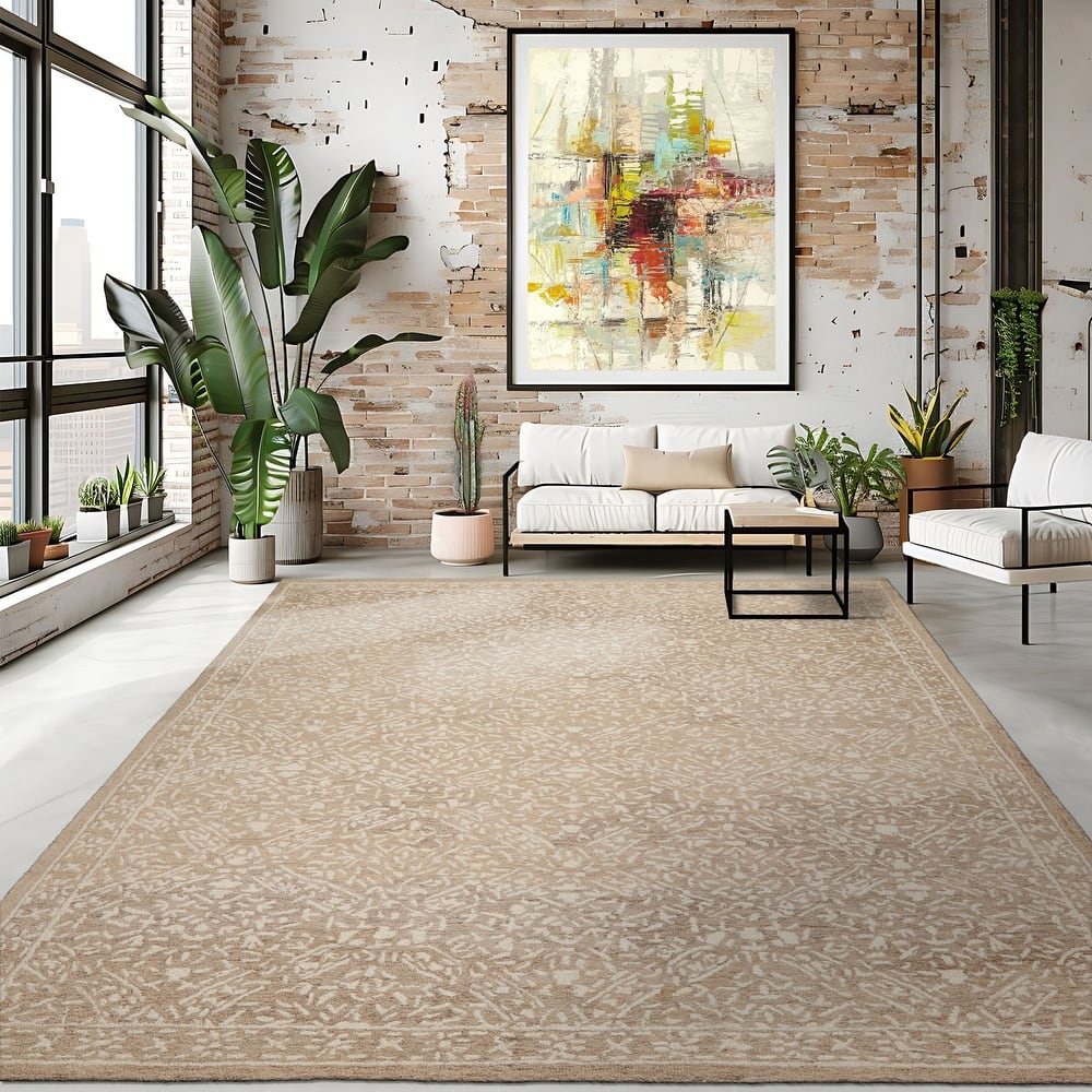 Multi Size 5'x8' Tan Wool Hand Hooked Transitional Rug Decorative All-Over