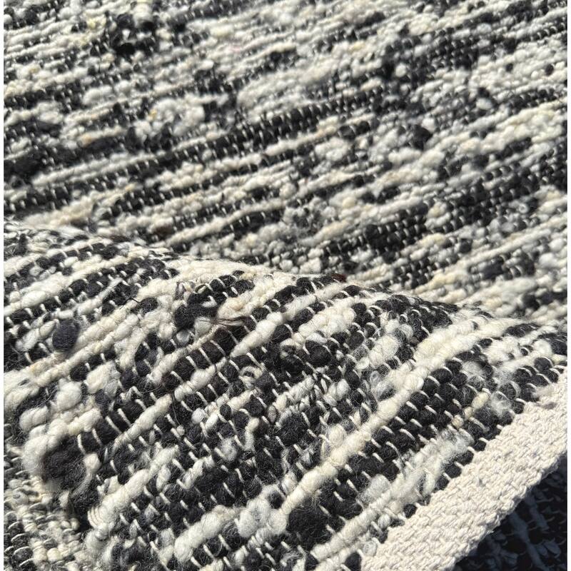 Black White Wool Handmade Modern Minimal Flatweave Area Rug - 8' x 10'