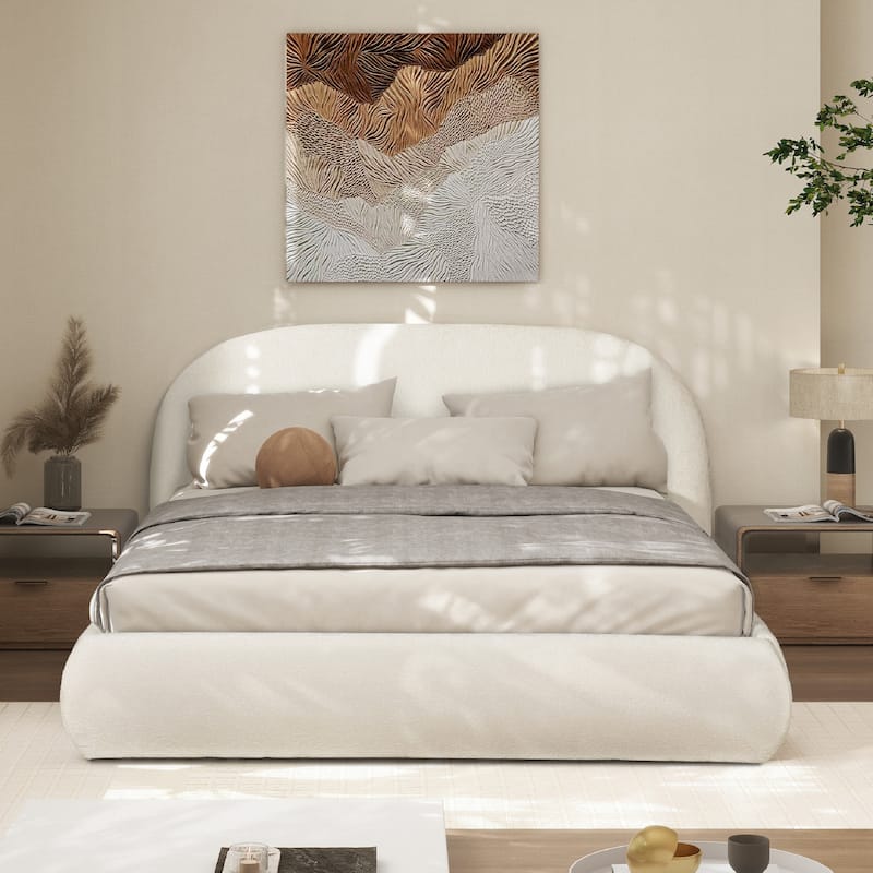 Archie Mid-Century Modern Velvet Upholstered Arched Platform Bed - Almond White Chenille - Queen