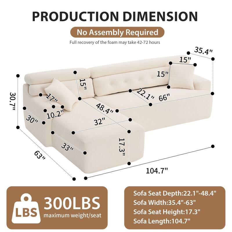 105" Chenille Sectional Sofa with Chaise Lounge & 2 Pillows