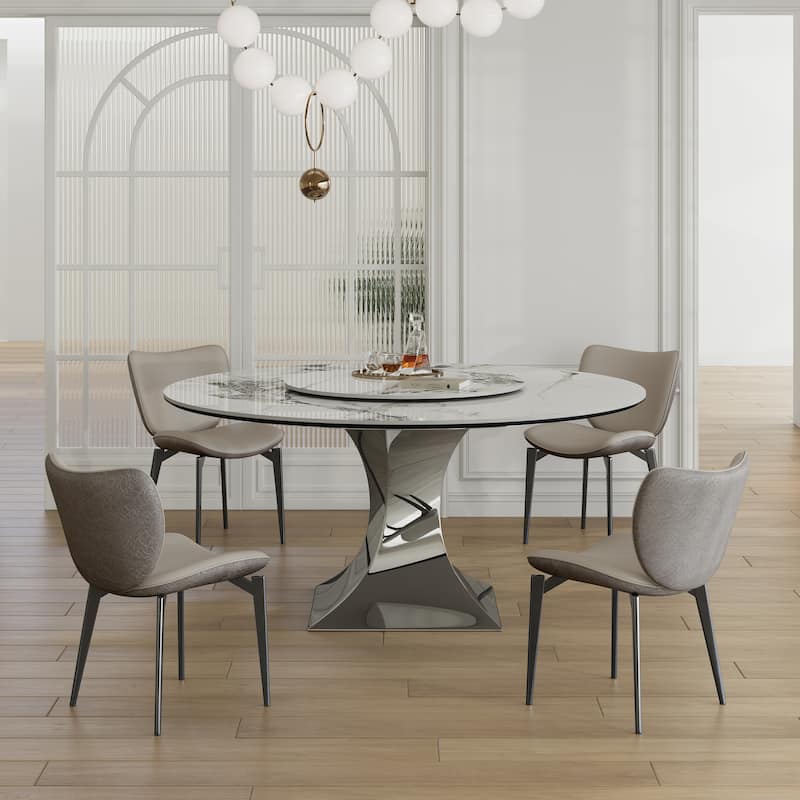 59" Round Sintered Stone Table Set – Black Titanium Base & 6 Gray Chairs, Scratch/Heat-Resistant‌. - Black White