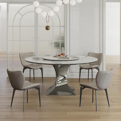 59" Round Sintered Stone Table Set – Black Titanium Base & 6 Gray Chairs, Scratch/Heat-Resistant‌.