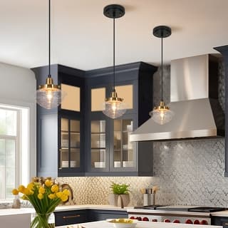 Rumah Modern Classic 1-Light Black Gold Kitchen Island SchoolHouse Seeded Glass Pendant Lights for Dining Room