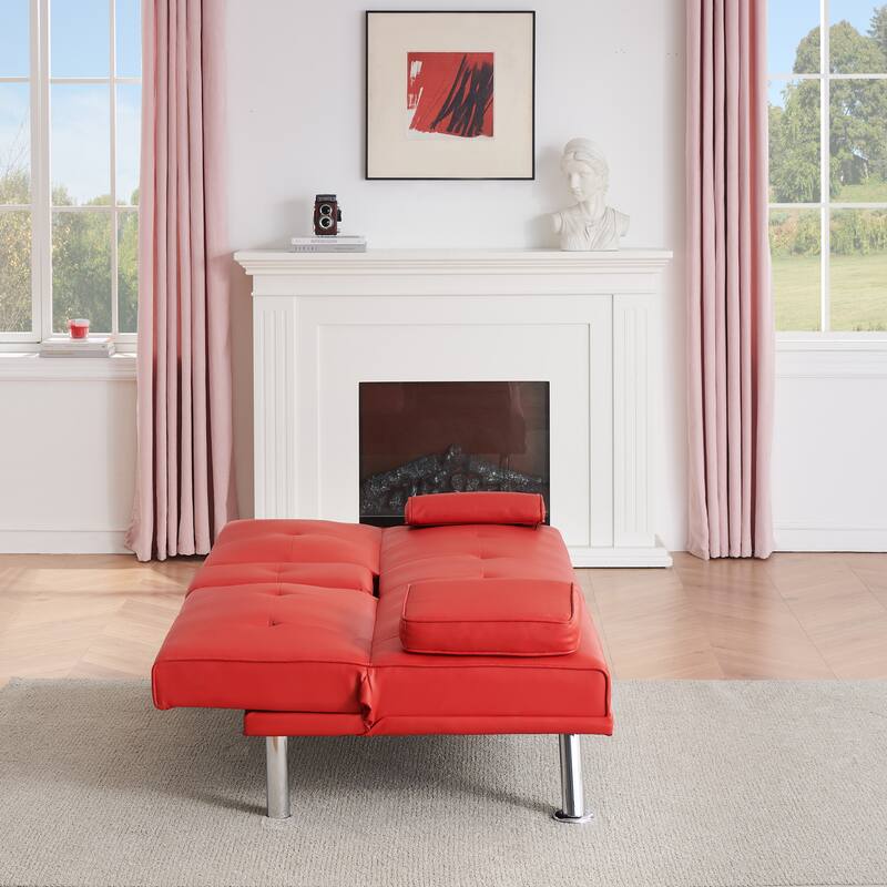 Adjustable Loveseat Couch PU Leather Sleeper Sofa Bed w/ Folding Table