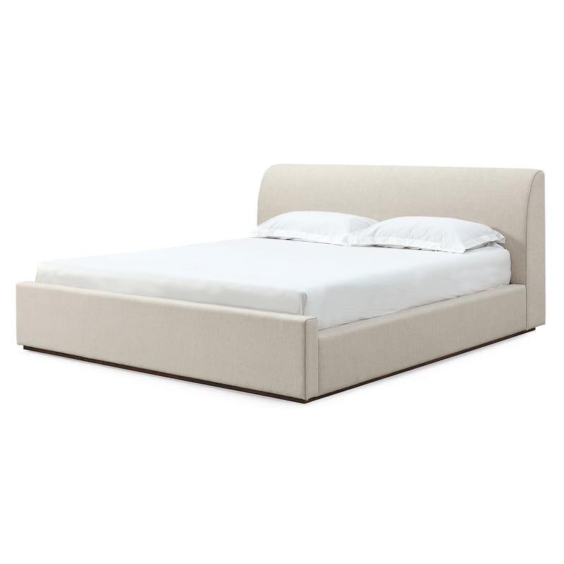 Reza King Size Platform Bed, Sleigh Headboard, Low Profile, Beige Linen