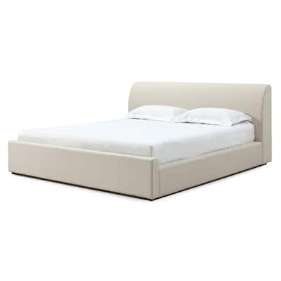 Reza King Size Platform Bed, Sleigh Headboard, Low Profile, Beige Linen