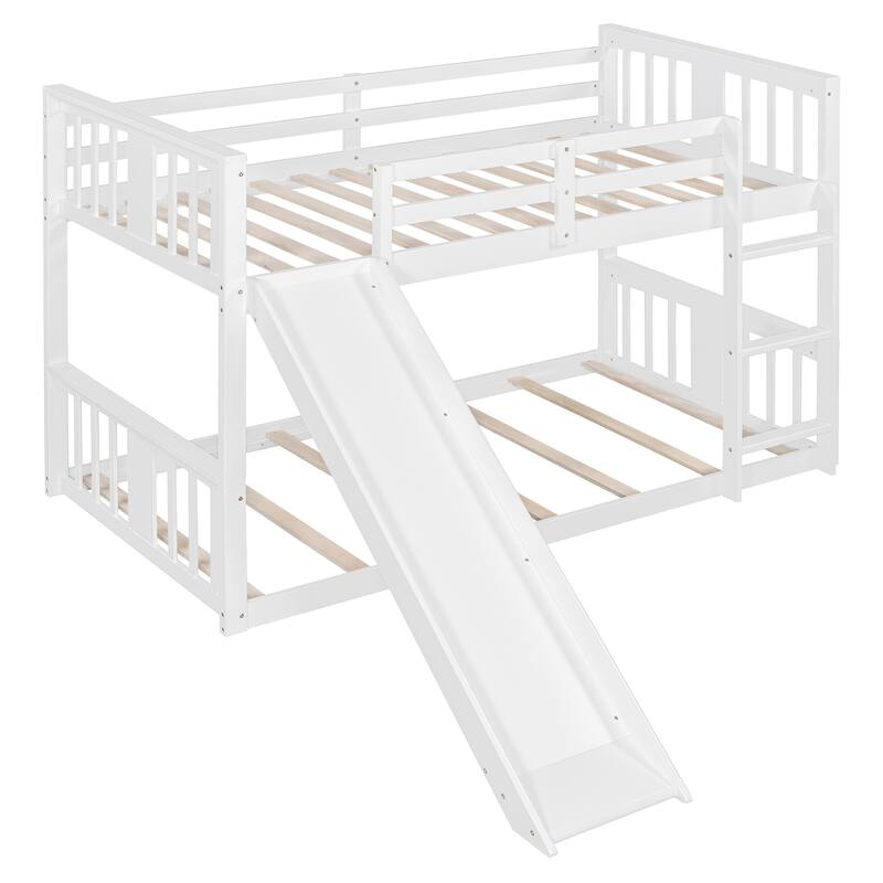 Twin Over Twin Low Bunk Bed with Slide and Ladder, Solid Wood Floor Bunk Bed Frame with Safety Guardrail, Detachable into 2 Beds