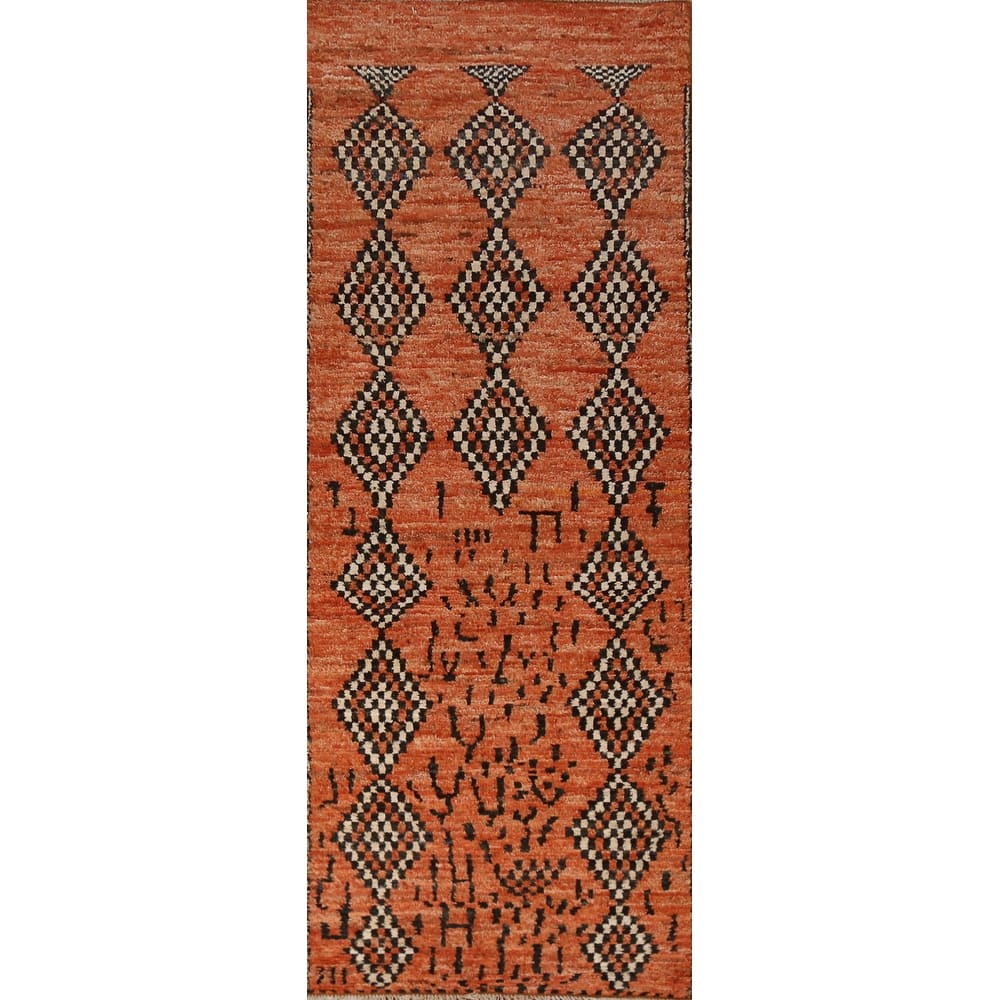 Orange Moroccan Oriental Runner Rug Bedroom Handmade Wool Carpet - 2'9" x 9'7"
