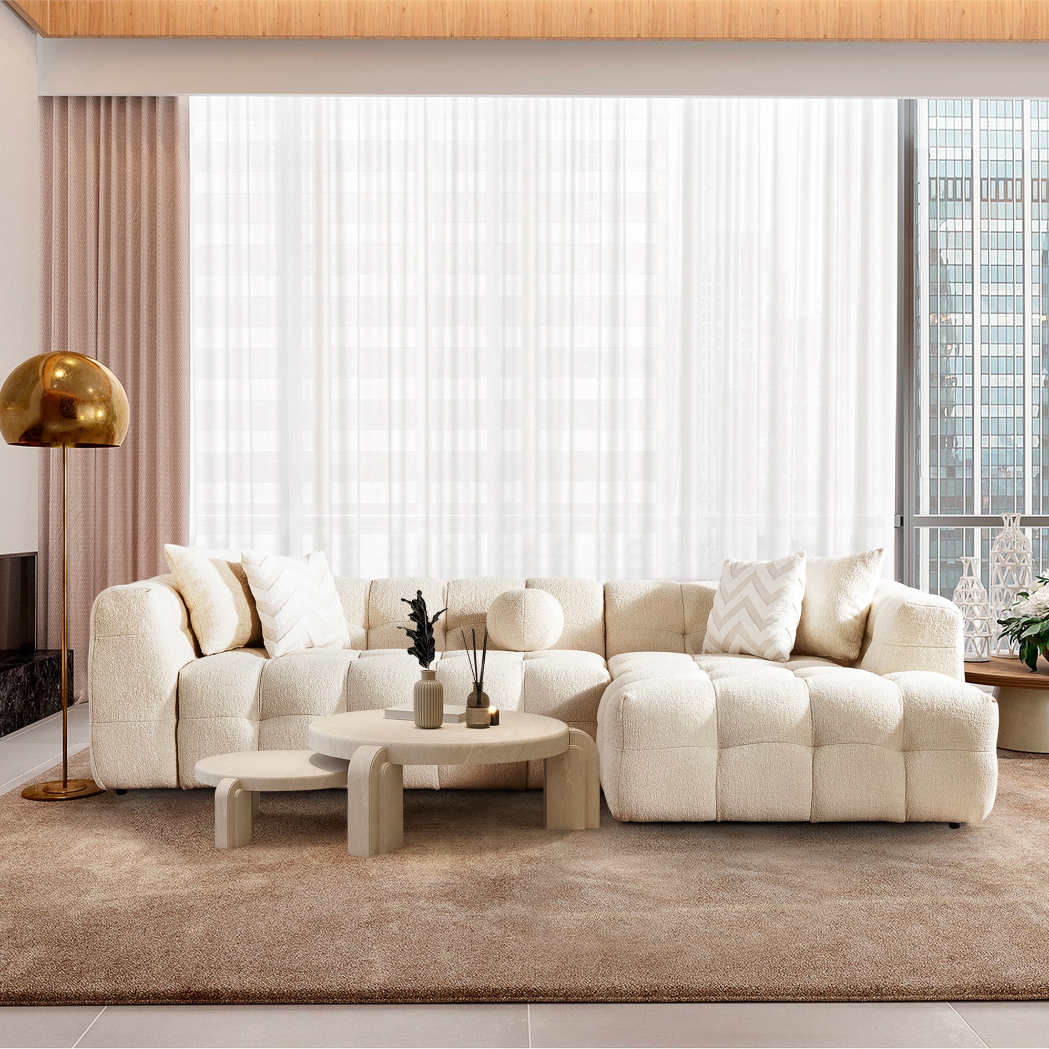 Fresno Luxury Modern Tufted Ivory Boucle Sectional Couch Bed Bath & Beyond 40130404