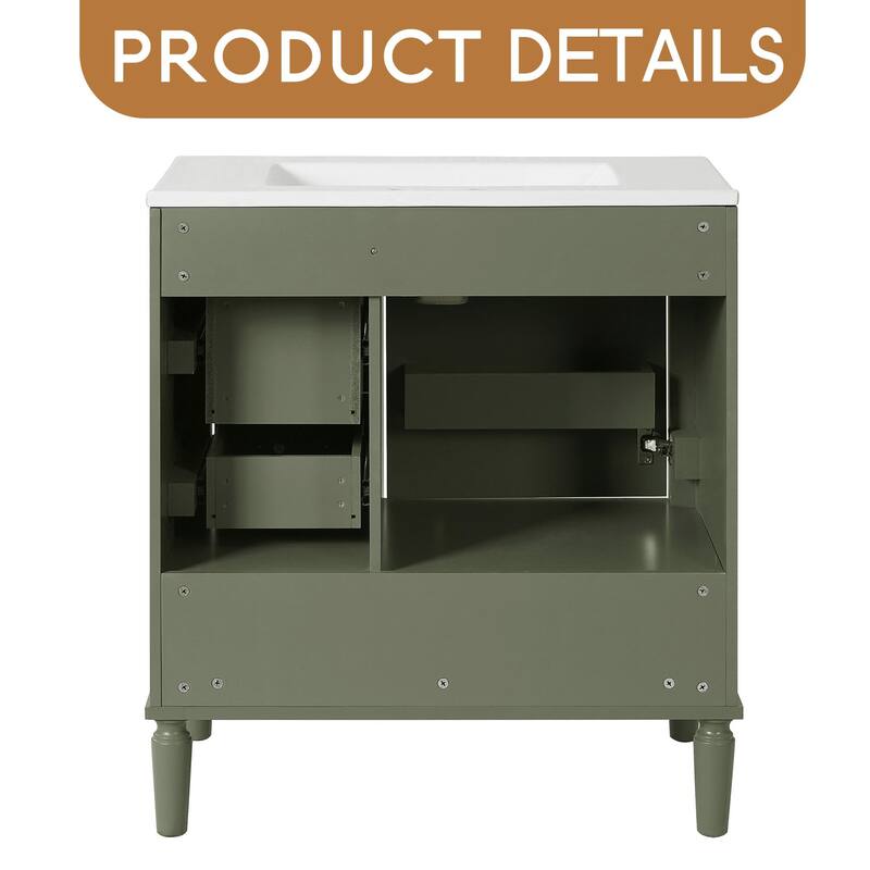Bathroom Vanity with Ceramic Sink, Soft-Close Door with Built-in Shelf, Deep Drawer, Standard Drawer, Long Divider Drawer
