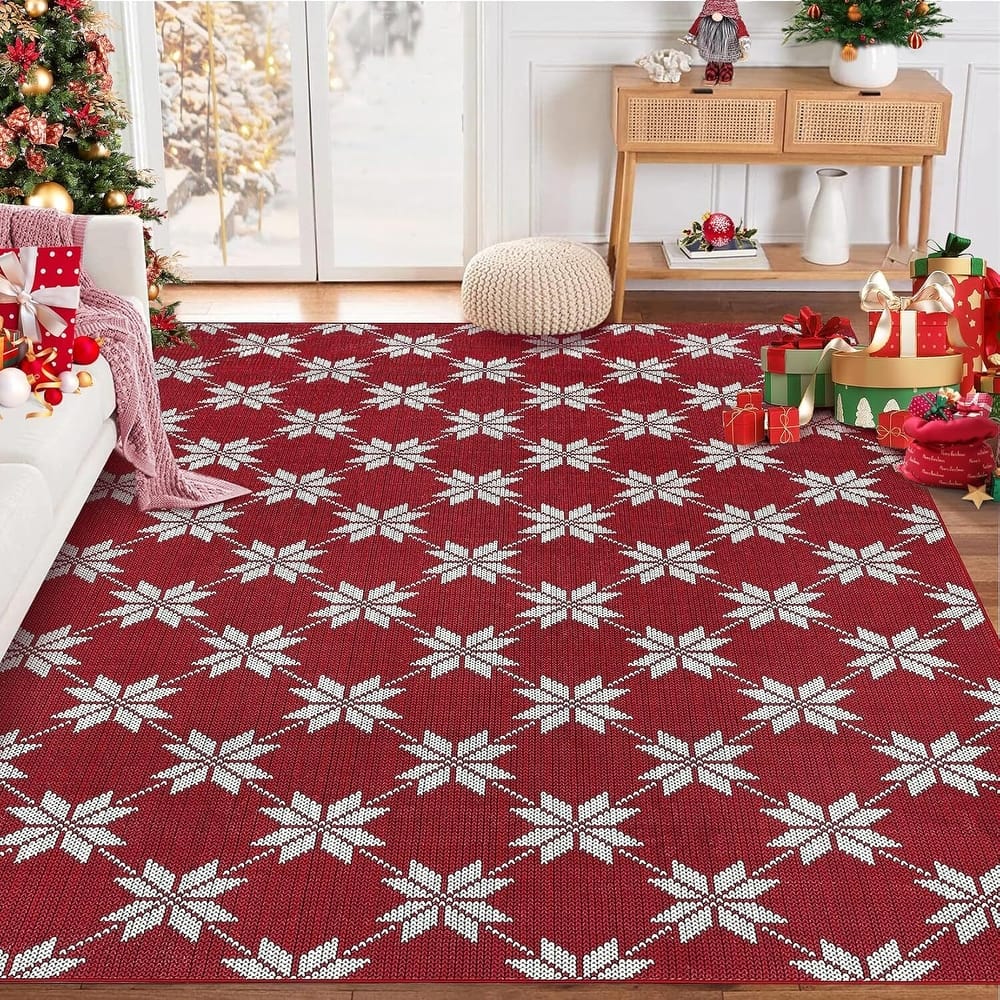GustoWave Christmas Geometric Throw Area Rugs, Non Slip Machine Washable, Red - 1'6" x 2'6"