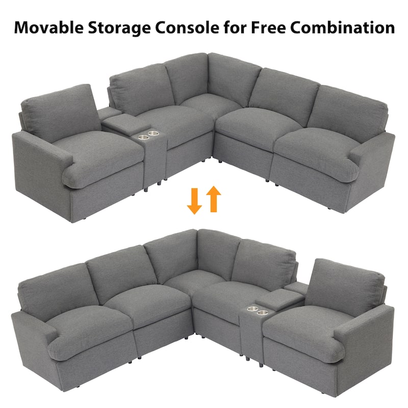 104" Linen Power Recliner Sectional 4-Seat Sofa with Storage, USB Ports and Cup Holders