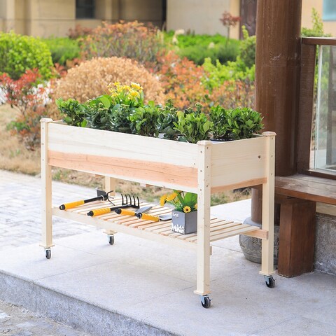 48 in x 32 in x 23 in Wooden Elevated Planter with Shelf and Wheel - 48x32x23