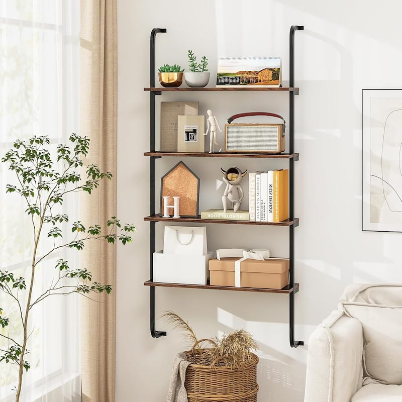 Set of 1/2 Wall Mounted Pipe Shelving Unit 4-Tier Ladder Bookshelf