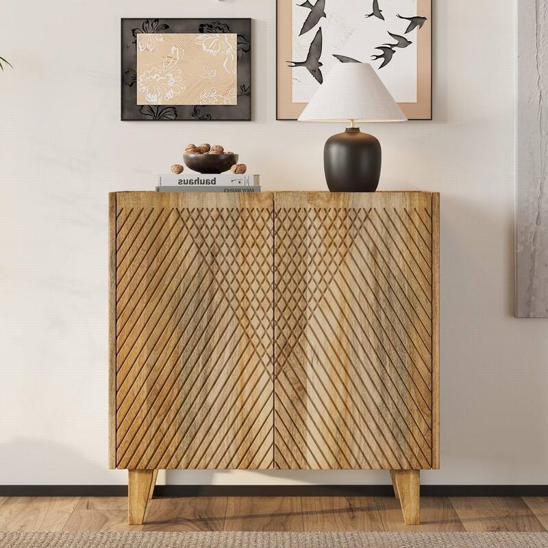 Rustic Solid Mango Wood Accent Buffet Cabinet with Fluted Door and Adjustable Shelf