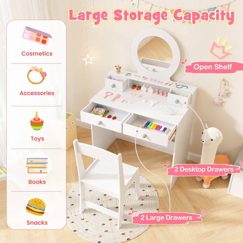 Gymax Kids Vanity Set Desk & Chair Set w/ Mirror Open Shelf & 4