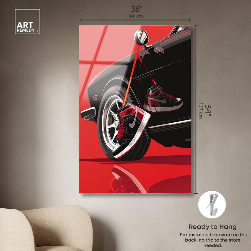 Red Bold Sneaker and Car Acrylic by Art Remedy, Ready to Hang