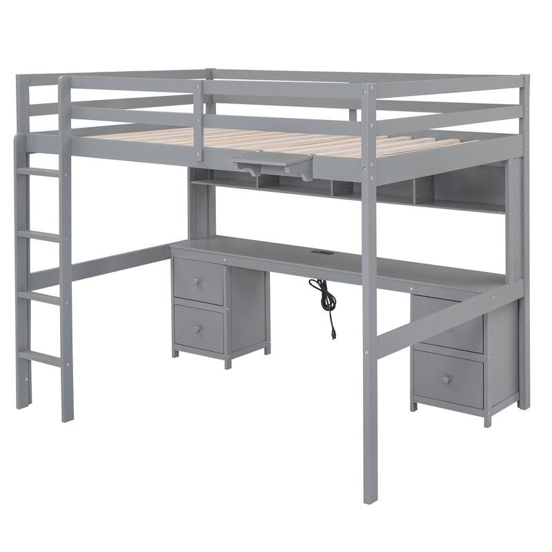 Full Size Loft Bed with Desk, Storage Cabinets, Drawers, Charging Station, Gray