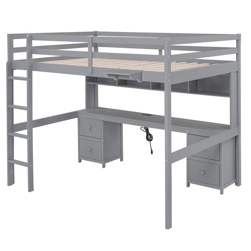 Full Size Wood Loft Bed w/Desk, Cabinets, Drawers, Charging Station