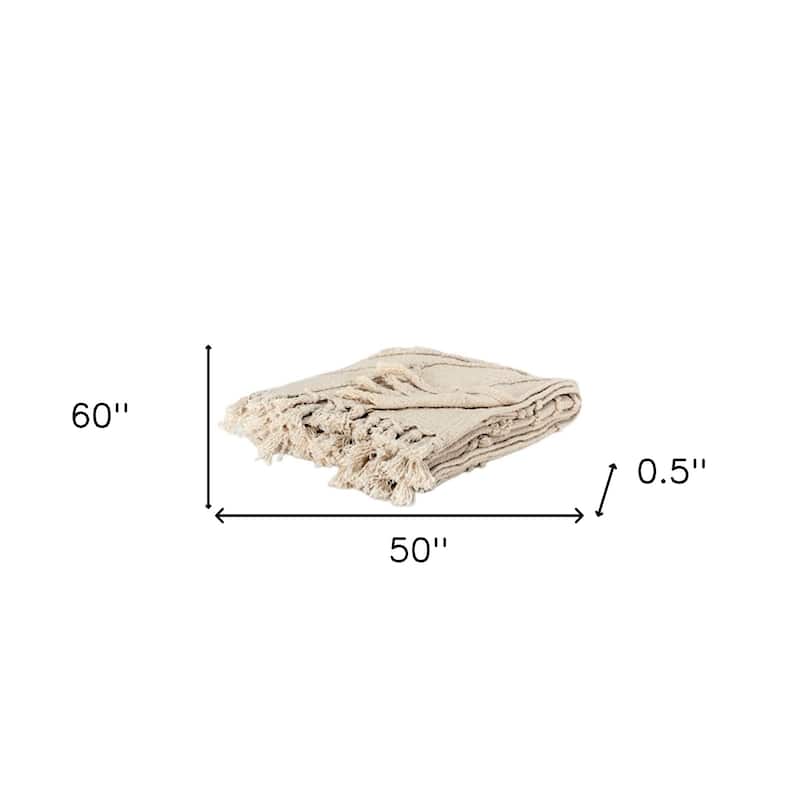 HomeRoots 50" X 60" Natural Cotton Woven Floral Throw Blanket with Tassels and Fringe