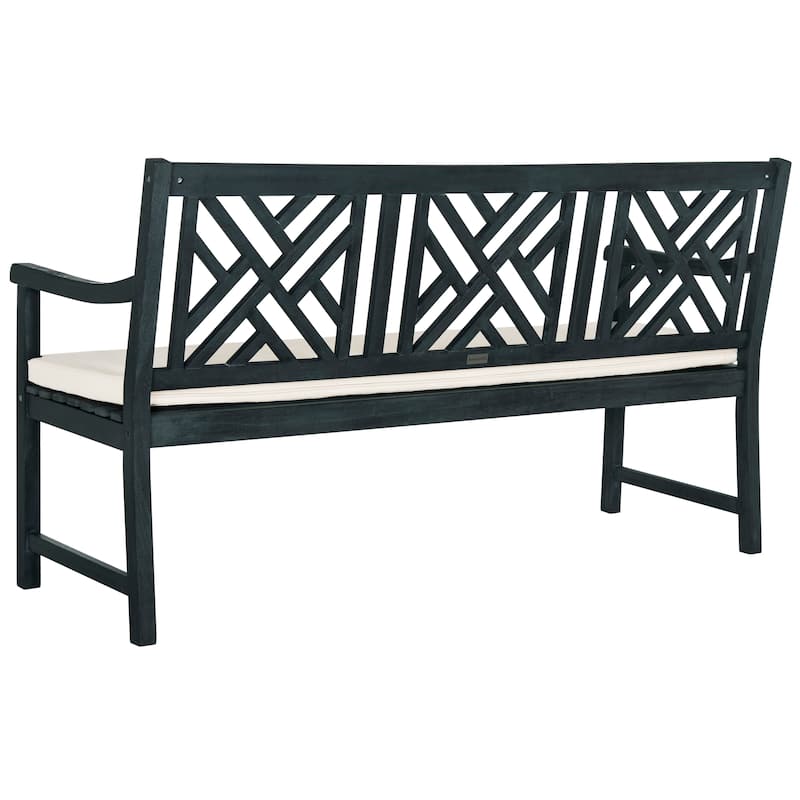 SAFAVIEH Outdoor Genara Solid Wood 3-Seat Bench with Cushion - 23Wx61Dx35H