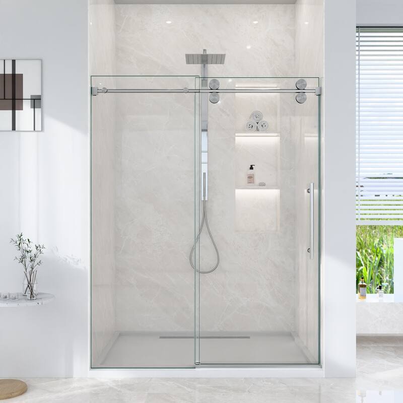 GDFStudio - Modern America Design Frameless Single Sliding Shower Door with 5/16" SGCC Tempered Glass & Stainless Steel Hardware - Brushed Nickel - 56"-60"W x 72"H
