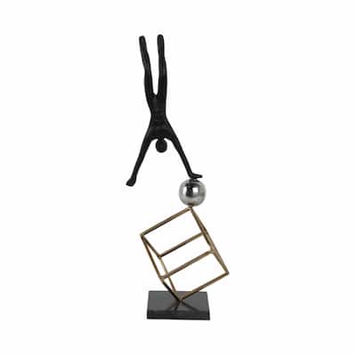 Metal Sculpture Handstand Figure on Sphere with Cube Base - 19" Black - 7" x 6" x 19"