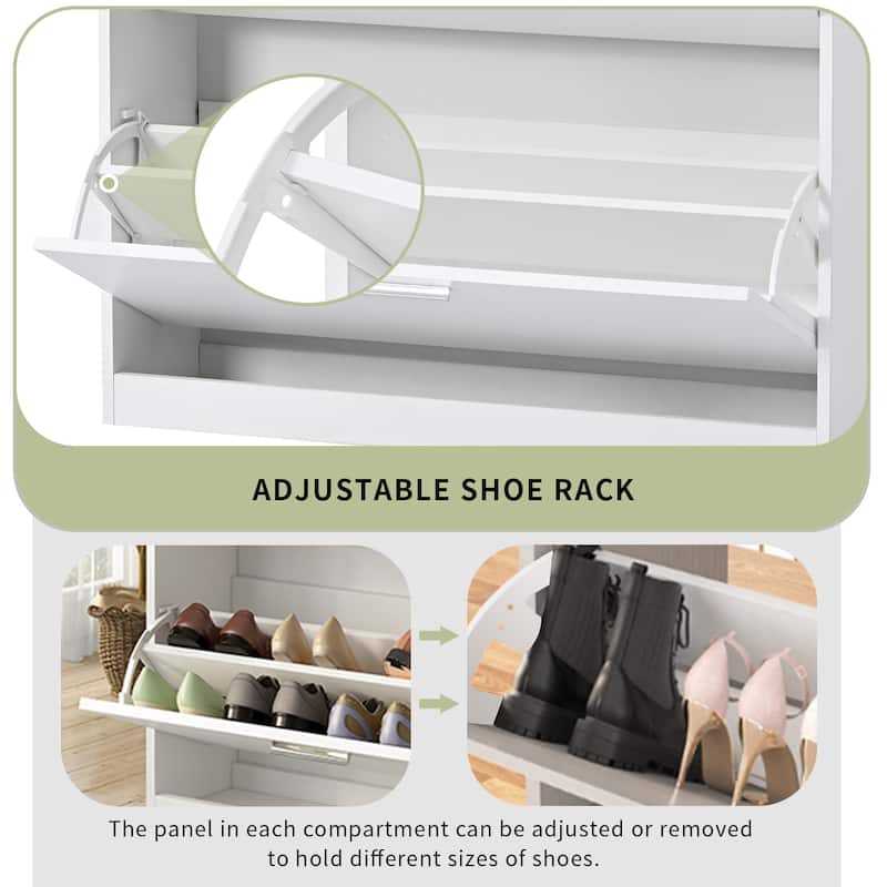 Slim Hidden Shoe Cabinet with 2 Flip Drawers, Tempered Glass Top Shoe Storage Cabinet, Freestanding LED Light Shoe Rack
