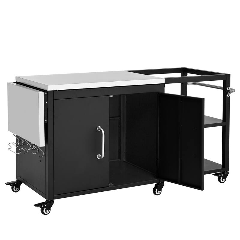 76.6"Large Grill Cart with Storage Cabinet, with Steel Drop Leaf, Grill Table with Adjustable Shelf & Hooks & Bottle Opener
