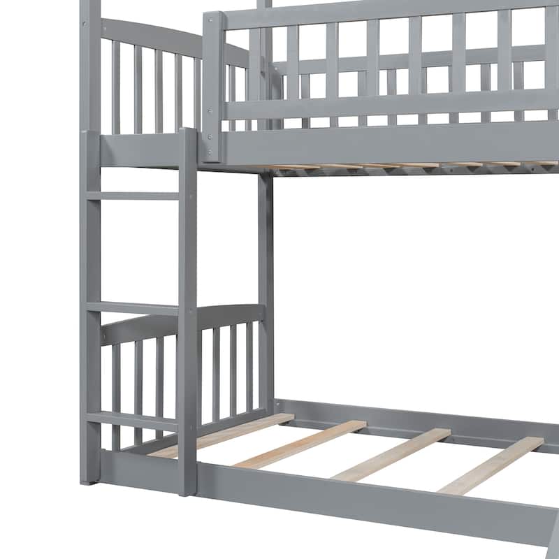 House-Shaped Twin Over Twin Bunk Bed with Slide, House Bed with Safety Guardrail & Roof Frame Wood Slat Support Easy Assembly