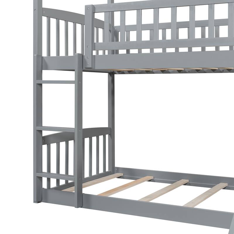 Twin over Twin Floor Bunk Bed, Solid Wood House Shaped Bunk Bed Frame, Twin Size Kids Playhouse Bunk Bed with Slide and Ladder