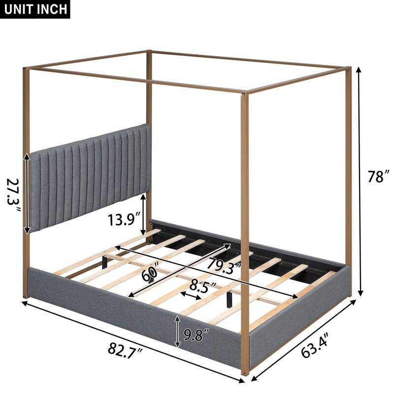 Queen Size Canopy Platform Bed with Upholstered Headboard, Sturdy Metal Frame, and 4-Poster Design, Perfect for Master Bedrooms