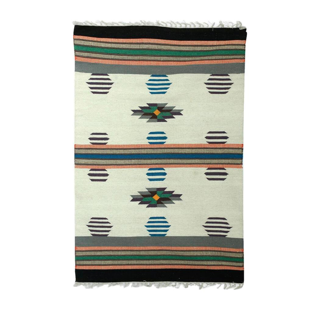 Handmade Geometric Bubbles Wool dhurrie rug (India) - Big