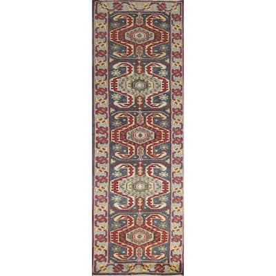 Hand Knotted Oriental 100% Wool Carpet Traditional Geometric Navy Blue & Blues Heriz (serapi) Runner Rug - 9' 10'' X 2' 6''