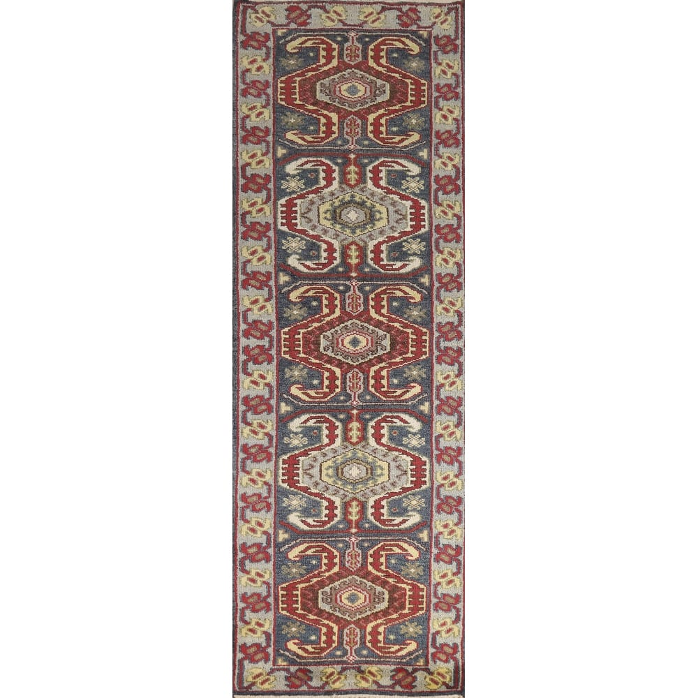Hand Knotted Oriental 100% Wool Carpet Traditional Geometric Navy Blue & Blues Heriz (serapi) Runner Rug - 9' 10'' X 2' 6''