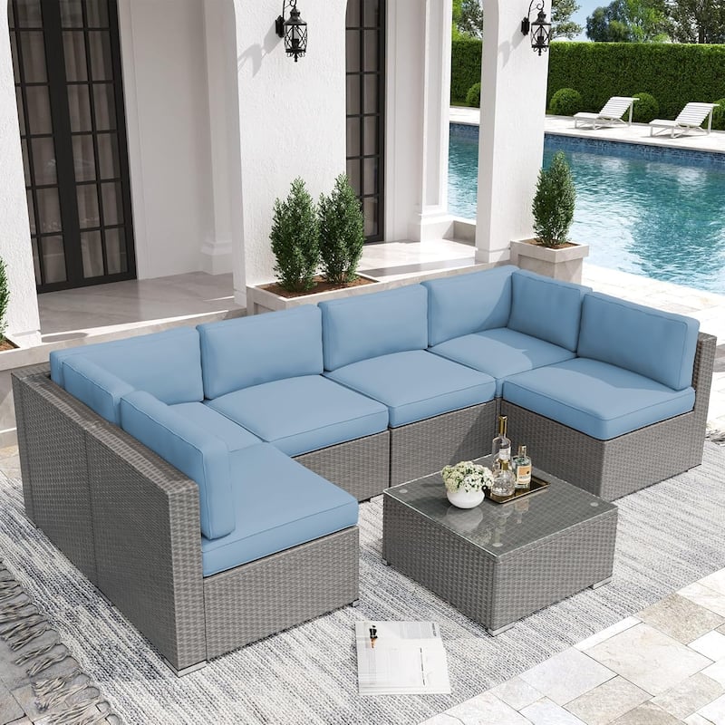 7 Piece Outdoor Patio Furniture Set Grey/Black Wicker Conversation Sectional Sofa Set with Coffee Table and Cushions - Grey/Light Blue