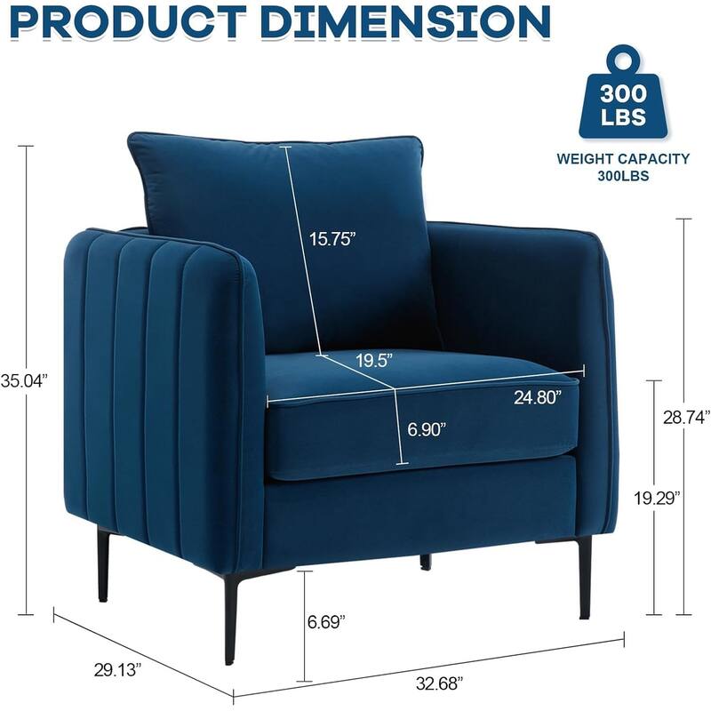 Velvet Accent Chair for Living Room, Mid Century Modern Single Sofa Chair with Pillow and Metal Legs