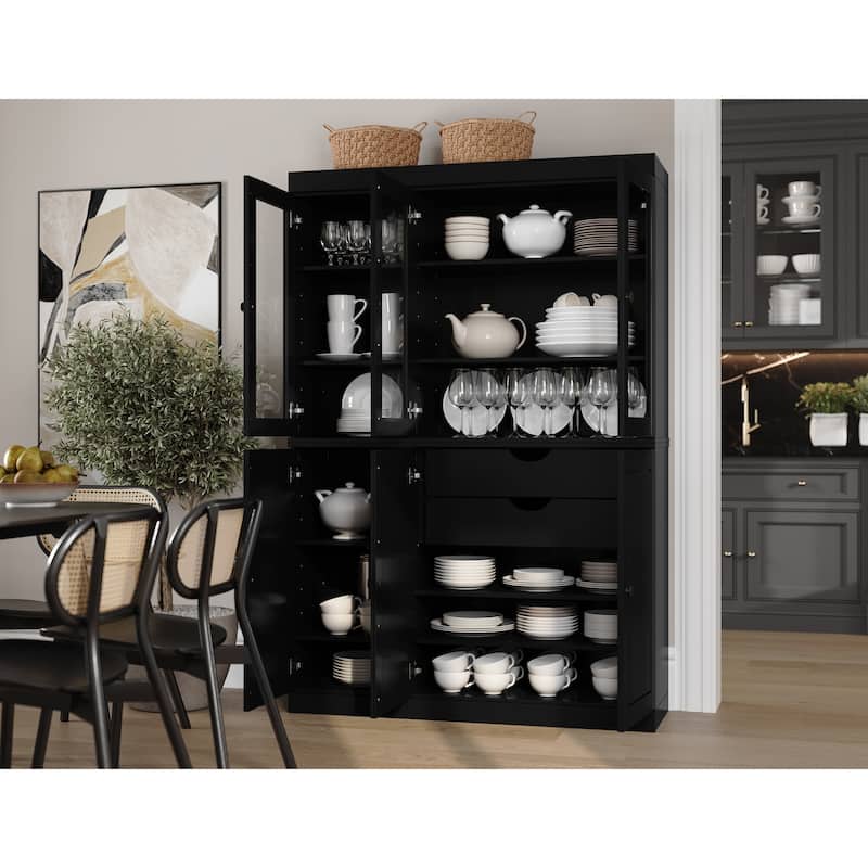 Palace Imports 100% Solid Wood China Pantry with Glass or Solid Wood Doors and 2-Drawers - 48.5" x 71.5" - Black - Clear Glass-Solid