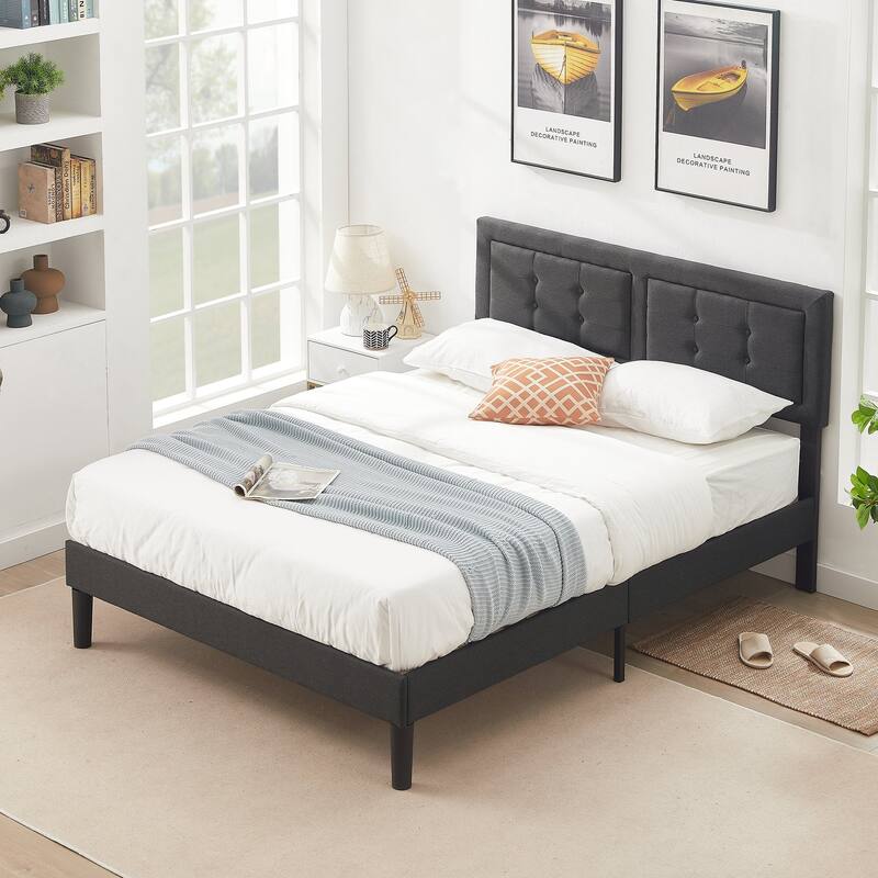 Strong Frame and Wooden Slats Support Bedframe，Platform Bed Frame with Linen Upholstered Headboard,Grey Bed Frames - Grey - Full