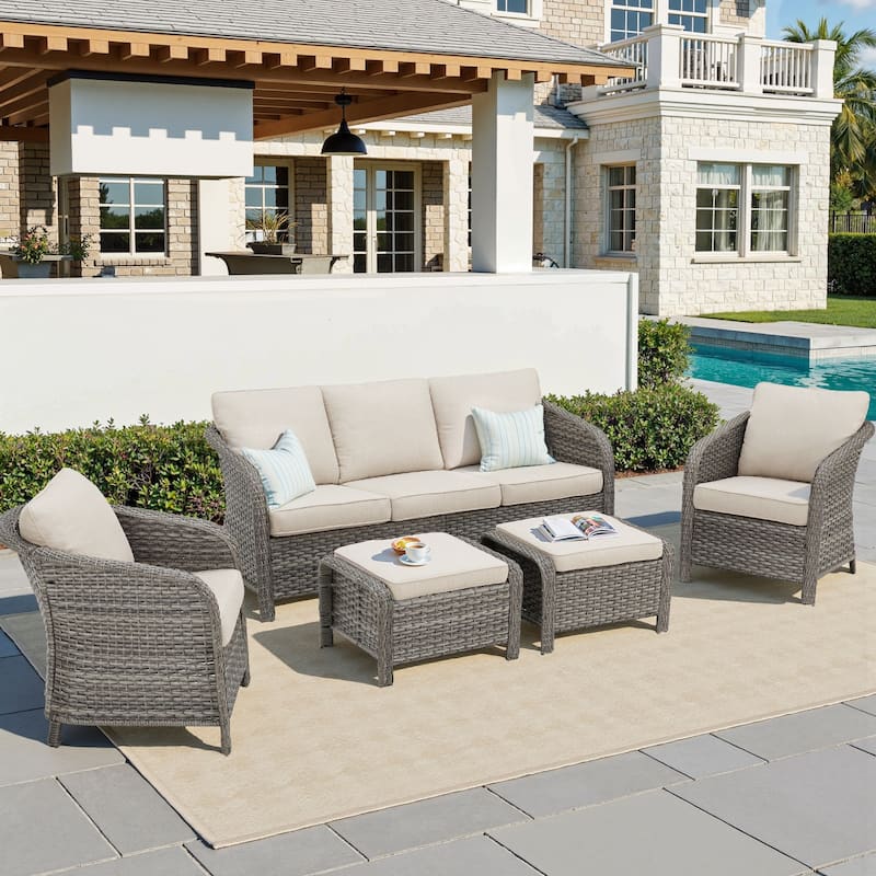 Pocassy Outdoor Patio Furniture Wicker Sofa Chair Set - Light Grey Wicker Beige Cushion - 5 Pieces Sofa Patio Chair with Ottoman