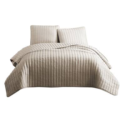 3 Piece Crinkle Queen Size Coverlet Set with Vertical Stitching, Pink