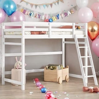 Twin Size High Loft Bed with inclined Ladder and Guardrails, Grey