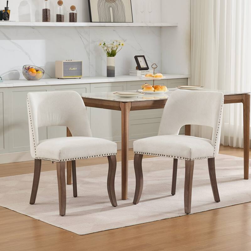 Modern Fabric Upholstered Dining Chairs Set of 2, Farmhouse Wooden Dining Room Chairs with Curved Backrest, Rivet Trim