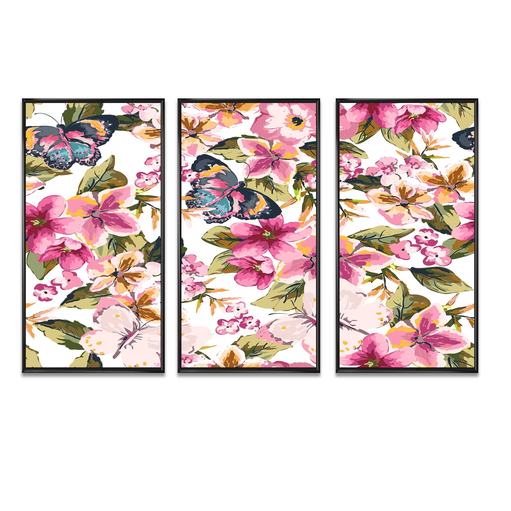 Designart "Butterflies with Seamless Floral Pattern" Floral Framed