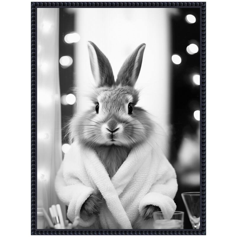 Kate and Laurel Sylvie Bunny Glam Bathroom Art Towel Robe Black and White Framed Canvas by The Creative Bunch Studio