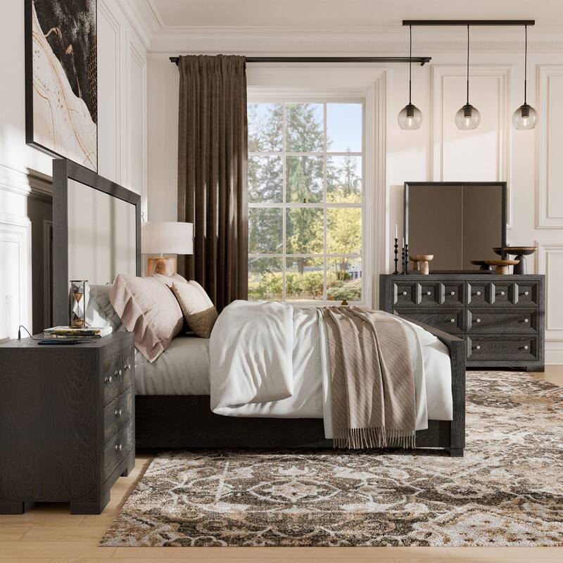 Furniture of America Durem II Modern Classic 5-Piece Solid Wood Panel Bedroom Set with 3-Drawer Nightstand - Weathered Black - Queen