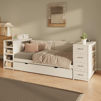 White Twin Daybed with Trundle - Storage Bed with Shelves, Drawers & Charging Station