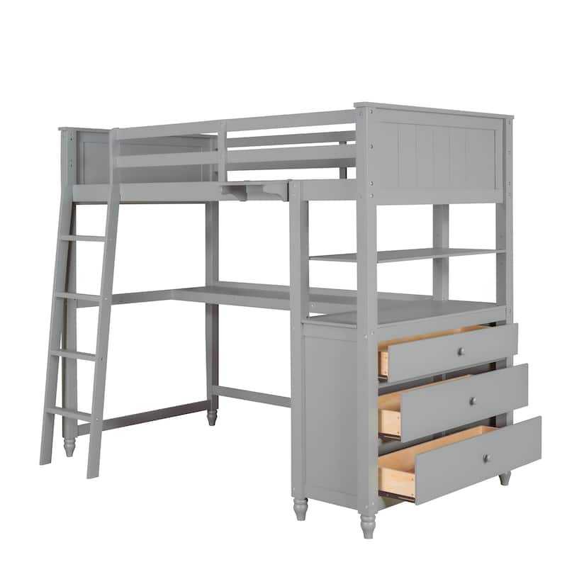 Twin size Loft Bed with Drawers and Desk, Wooden Loft Bed with Shelves