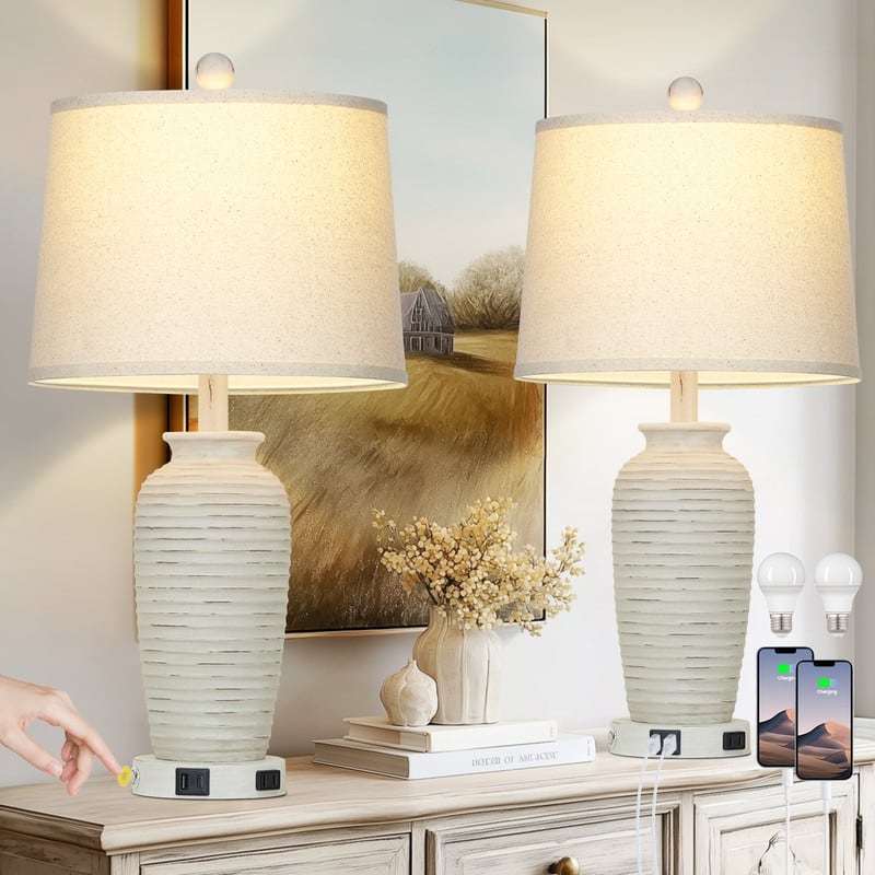 Set of 2 25'' Table Lamps with USB & Type-C Ports, Touch Control, and Drum Shade - 12.5''x12.5''x25''
